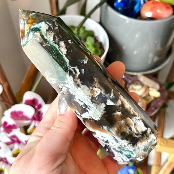 🌊Druzy Ocean Jasper Moss Agate Crystal Tower Point🌊 - Picture 3 of 4